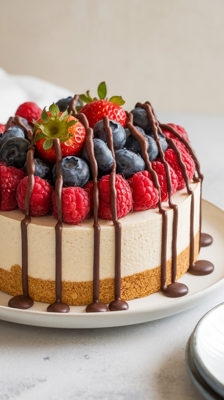 No-bake cheesecake topped with berries and chocolate sauce, served on a plate.